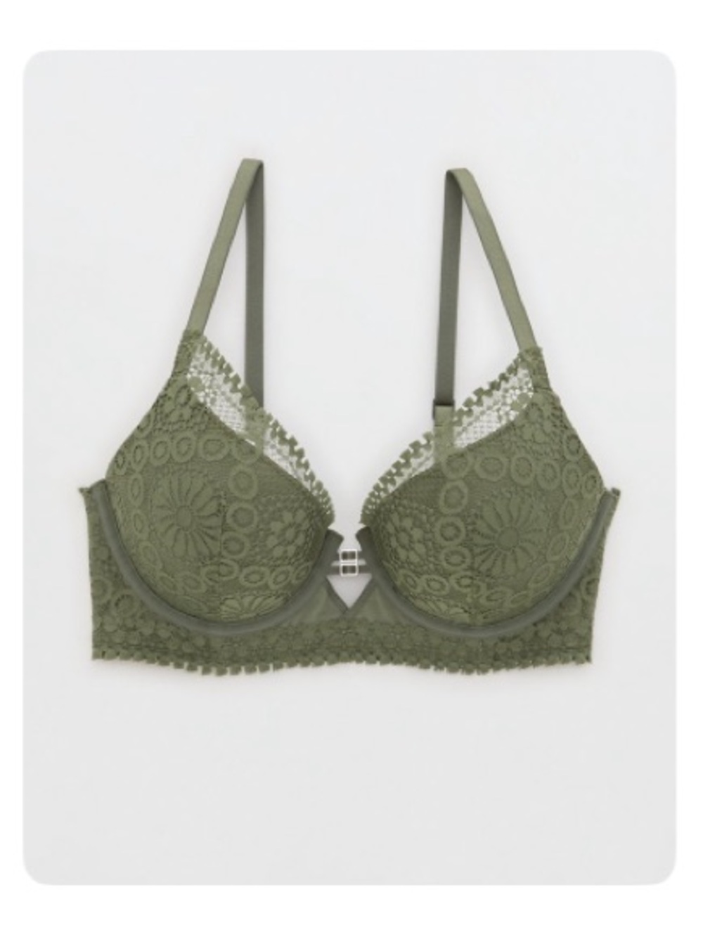 aerie Real Power Plunge Joy Lace Bra | Olive Fun | Lacey Feminine Push-up Bra